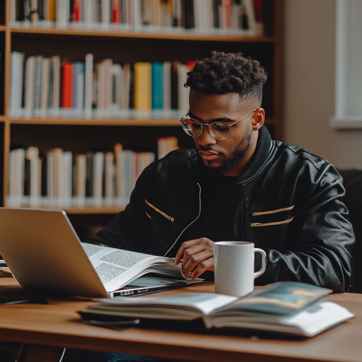 Man focused on learning and skill development, surrounded by books and a laptop, illustrating how to improve yourself as a man through continuous learning and personal growth.