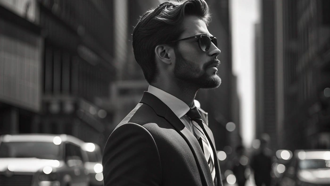 A stylish man with a half inch beard wearing sunglasses and a suit on a city street.