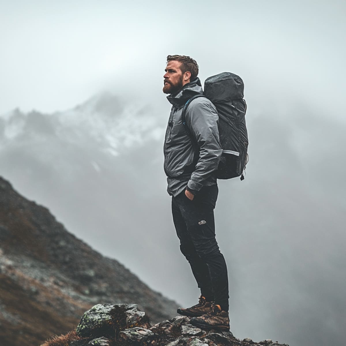 Male standing on a rugged mountain trail in harsh weather, carrying a backpack, symbolizing mental toughness and resilience as he faces the challenges ahead with determination.