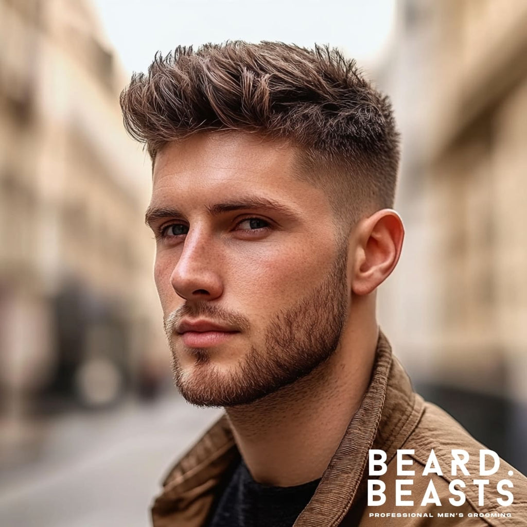 A young man with a stylish high fade quiff haircut stands outdoors on a blurred urban street. His hair is styled with volume on top, brushed forward with the fringe swept upward and back, while the sides feature a sharp high fade for a clean and modern look. He has a well-groomed beard that complements his sharp jawline and confident expression. He is dressed in a casual yet trendy outfit, wearing a brown jacket over a black shirt. The setting highlights his high fade quiff hairstyle with a warm, polished atmosphere.