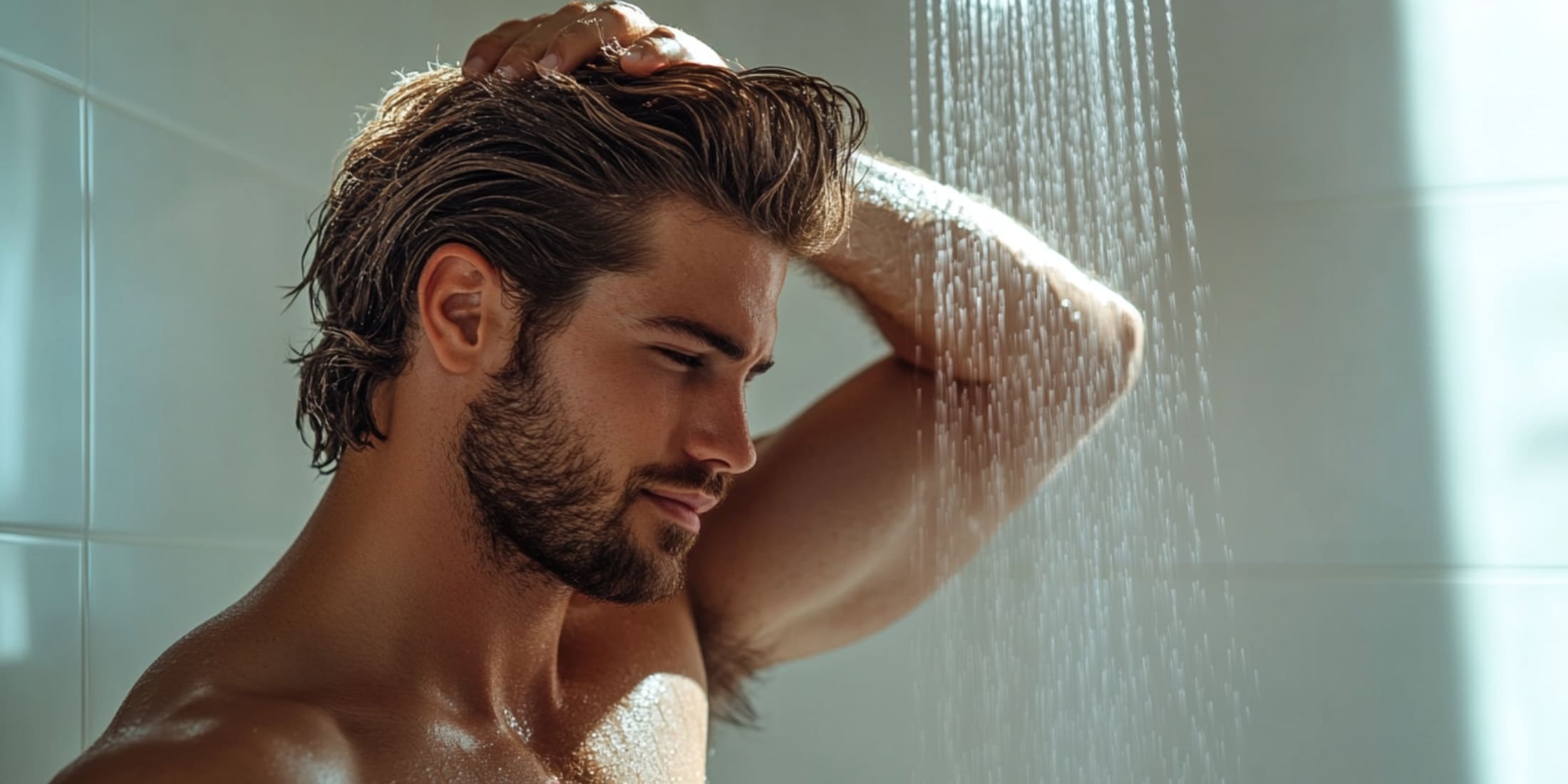 A man enjoying a refreshing morning shower, maintaining good hygiene as part of his routine on how to smell better as a man.