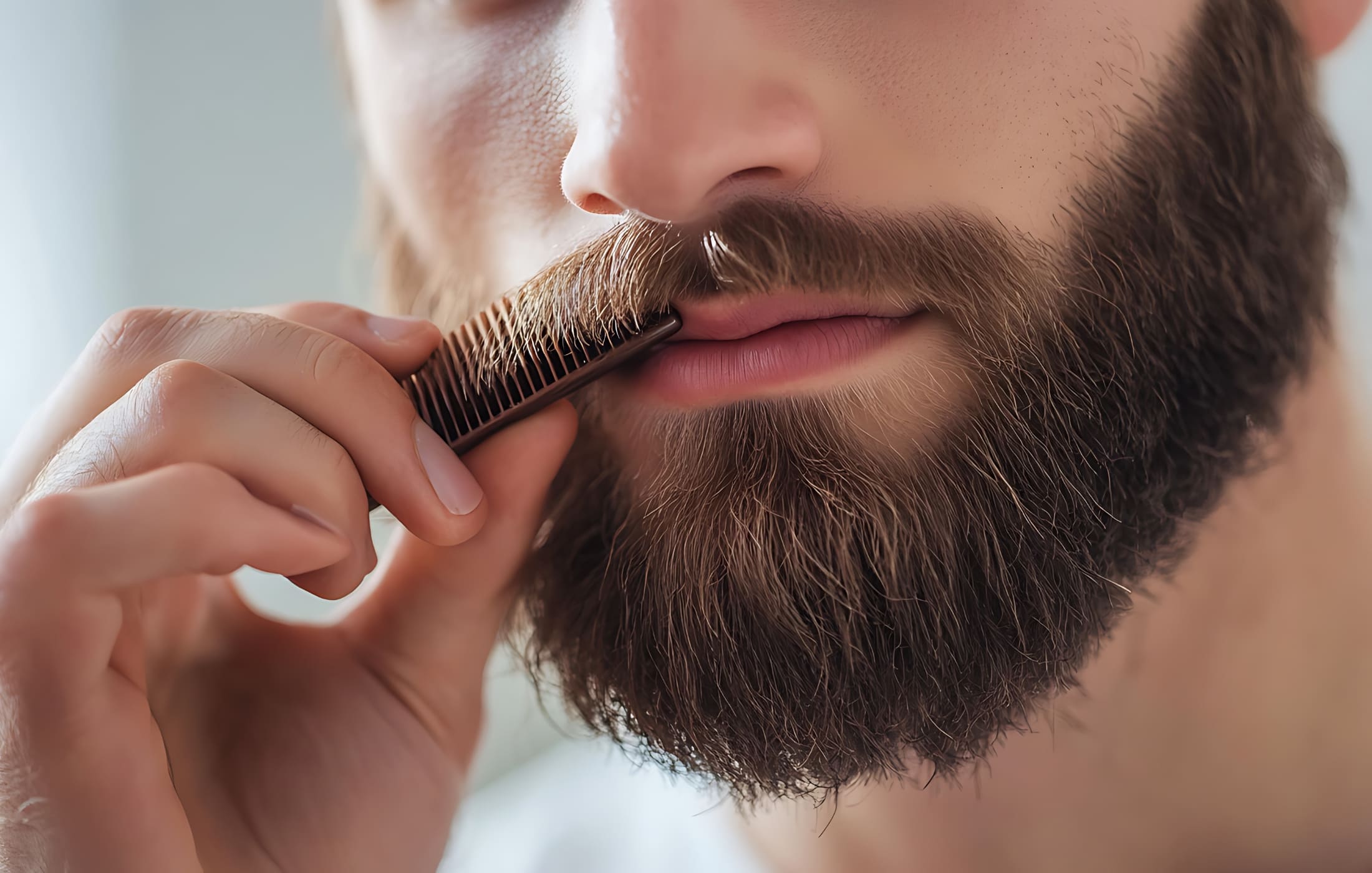 Close-up of a man grooming his mustache with a small beard comb, carefully shaping and tidying his facial hair. His well-maintained, full beard is visible, showcasing the precision of his grooming routine.