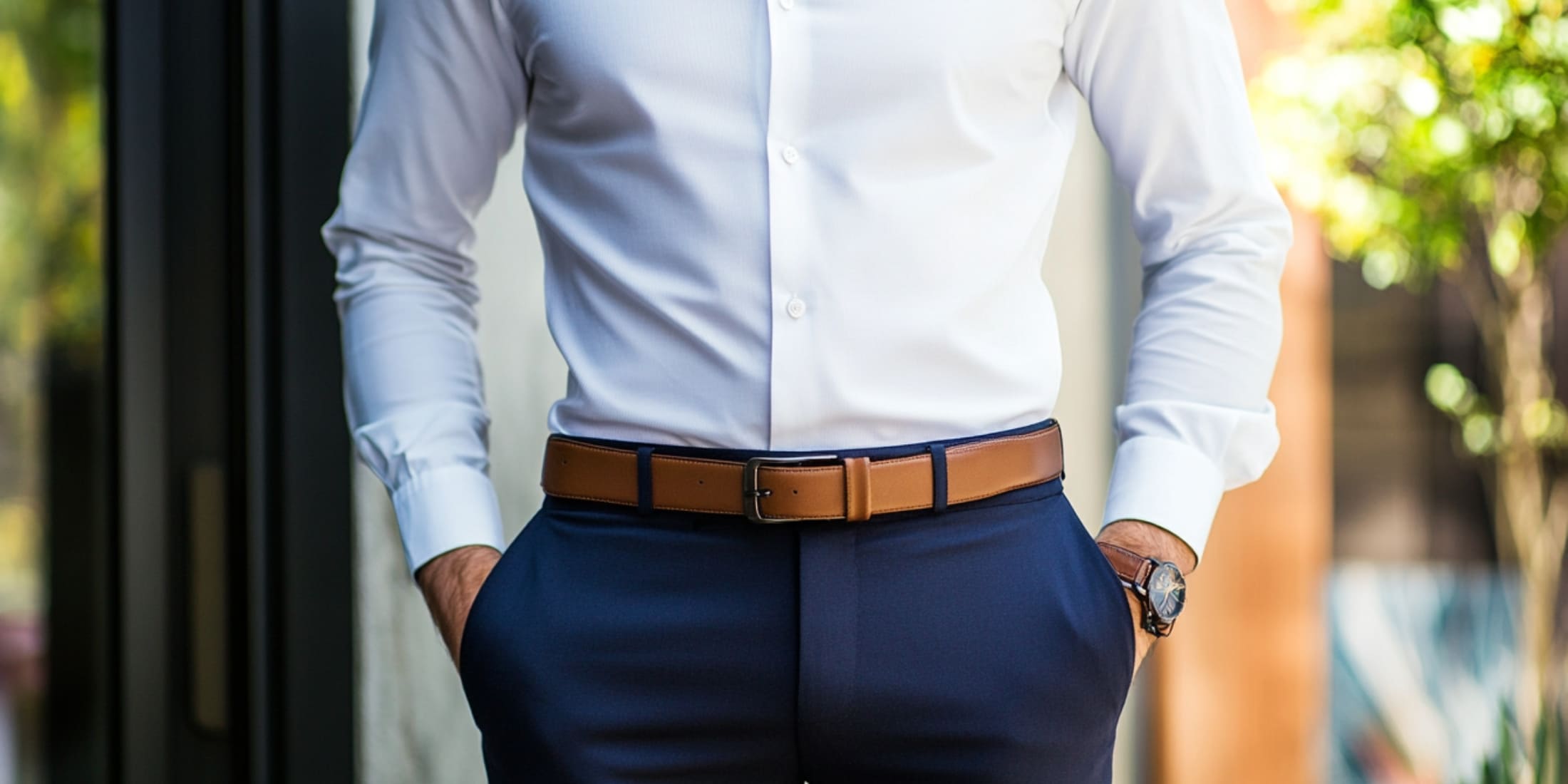 This image shows a man dressed in a stylish, well-fitted outfit, perfect for illustrating men’s fashion tips for beginners. He wears a crisp, white button-down shirt tucked into a pair of navy trousers, complemented by a sleek, brown leather belt. The outfit is polished and professional, demonstrating the importance of the perfect fit in elevating a look. The color combination of white, navy, and brown is timeless, highlighting both elegance and simplicity. This image perfectly represents how attention to detail, like matching accessories and a tailored fit, can create a sharp and confident appearance.