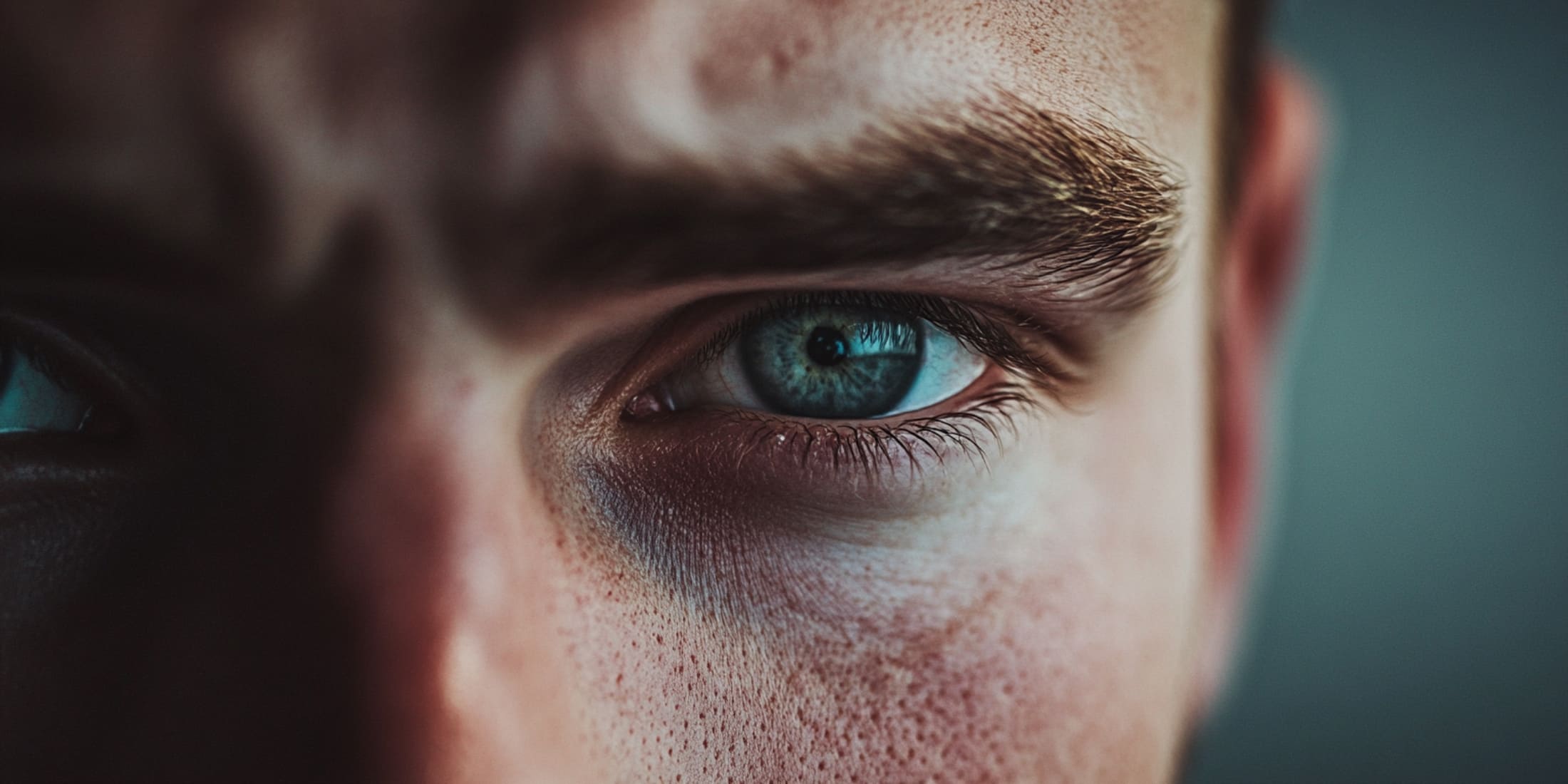 Close-up of a man's intense blue eye, with a sharp, focused expression. This image symbolizes focus and determination, representing one of the essential habits of successful men, where clear vision and concentration play a pivotal role in achieving goals and success.