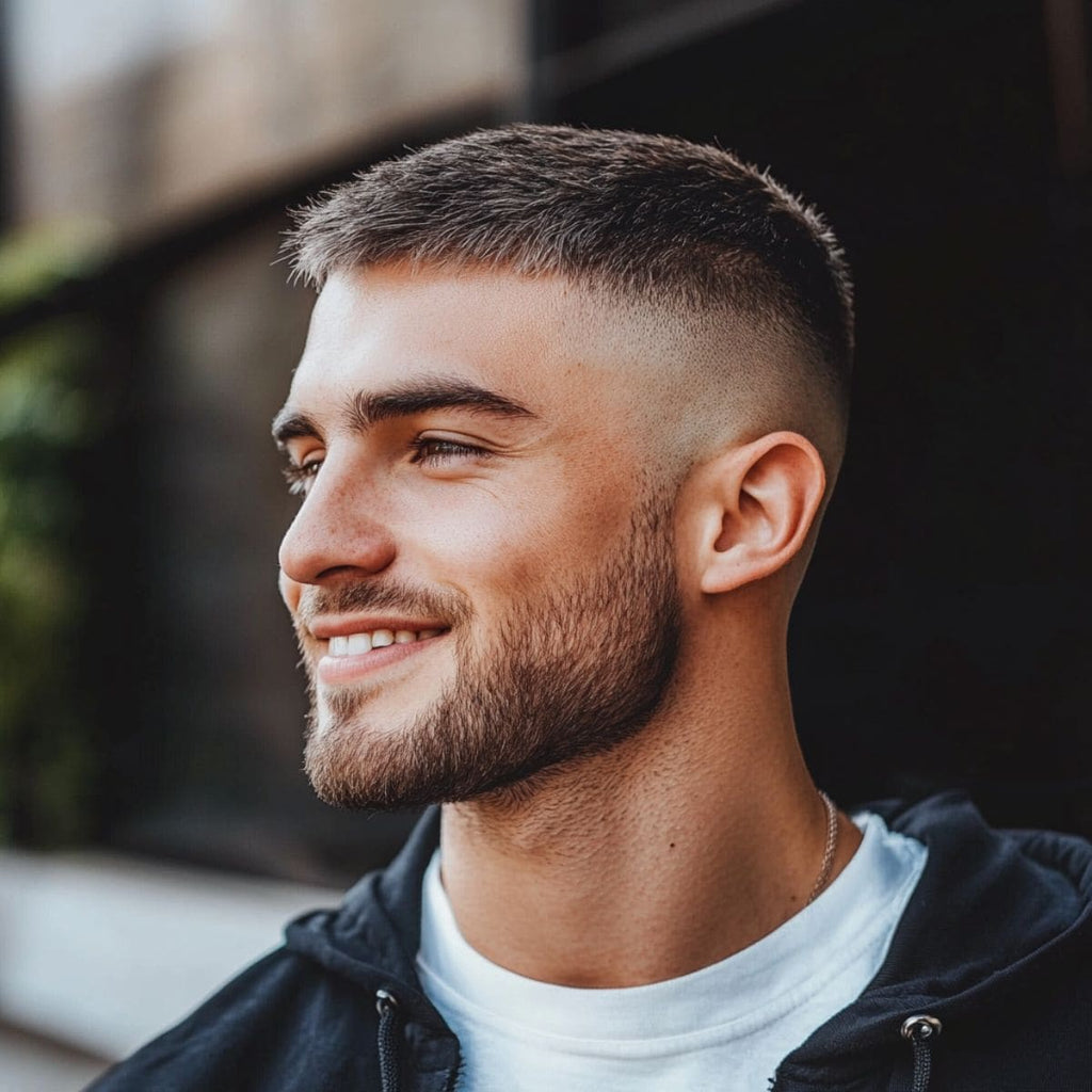 A side profile of a man with a high skin fade buzz cut and a well-groomed beard, smiling confidently. His sharp haircut transitions smoothly from a tight skin fade to slightly longer hair on top. Dressed casually in a black jacket and white t-shirt, the natural lighting highlights his clean fade and relaxed yet stylish look. The dark background brings focus to his fresh haircut and facial features.