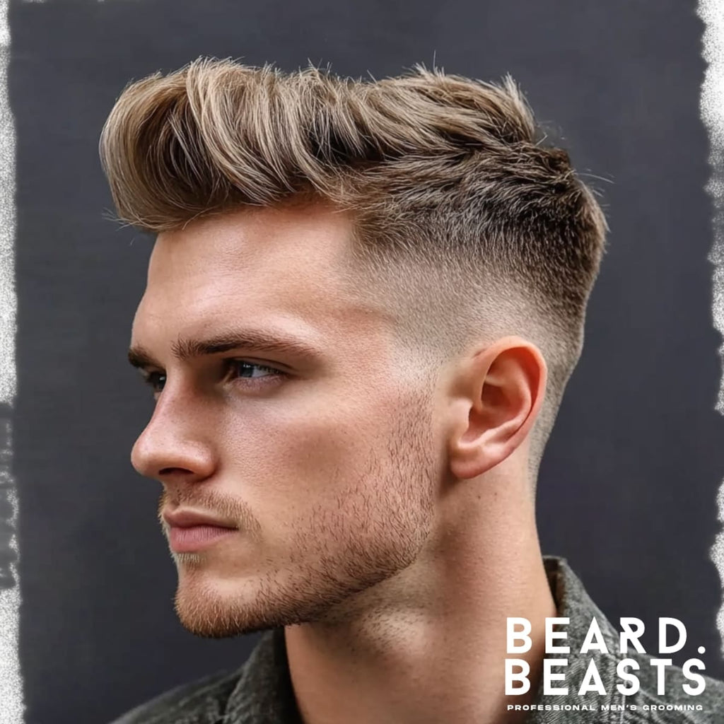 A side profile of a man with a high fade quiff haircut, styled with precision and volume. The hair on top is brushed forward, with the fringe styled upward and swept backward, creating a sleek and structured look. The high skin fade on the sides is sharply defined, blending flawlessly into the textured top. The man has a light stubble beard, a sharp jawline, and a focused, confident expression. The background is a clean, neutral tone, ensuring all attention is drawn to the crisp details of the haircut.