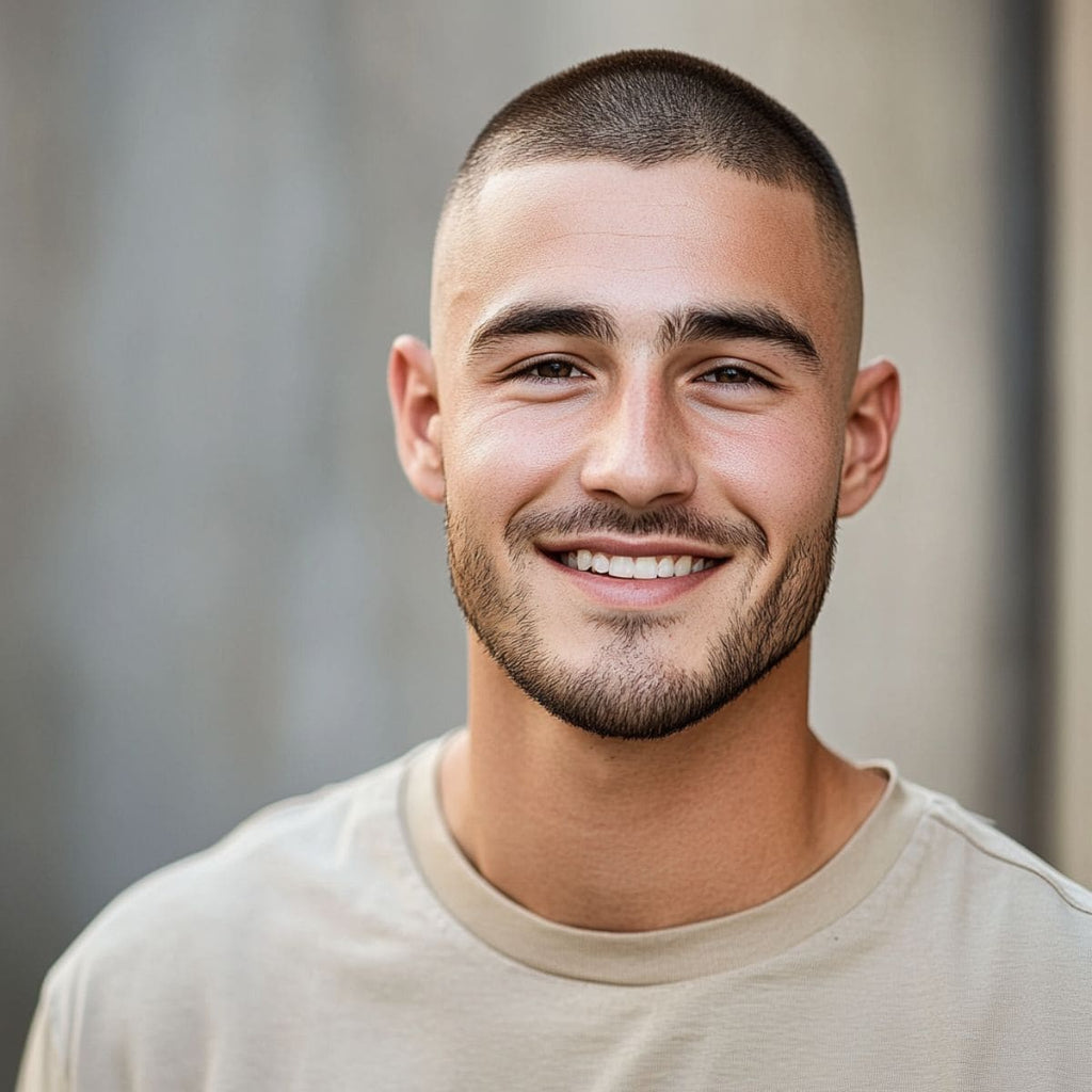 A portrait of a handsome man with a high skin fade and a buzz cut, smiling warmly. He has sharp facial features, a neatly trimmed beard, and well-defined eyebrows. He is dressed casually in a light beige t-shirt, giving him a relaxed, approachable look. The background is softly blurred, focusing attention on his smile and the crisp details of his fade haircut. The lighting is natural, enhancing the warmth of his expression.