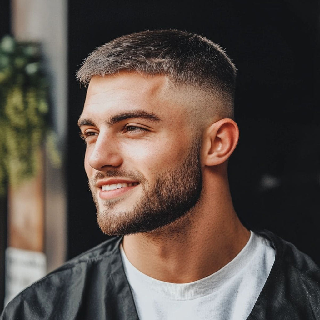 A close-up side portrait of a man with a neatly groomed beard and a fresh, sharp haircut.