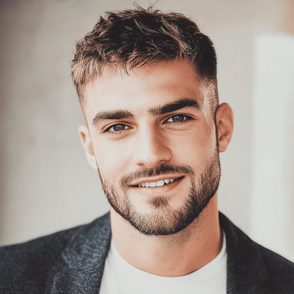 A smiling, handsome 25-year-old man with a short, messy crew cut fade hairstyle. The sides of his head feature a clean skin fade, while the top is slightly tousled for a casual, yet stylish look. He is dressed in smart casual clothing, wearing a dark blazer over a light-colored shirt, giving off a relaxed yet polished vibe. The well-groomed beard complements his sharp, modern hairstyle.