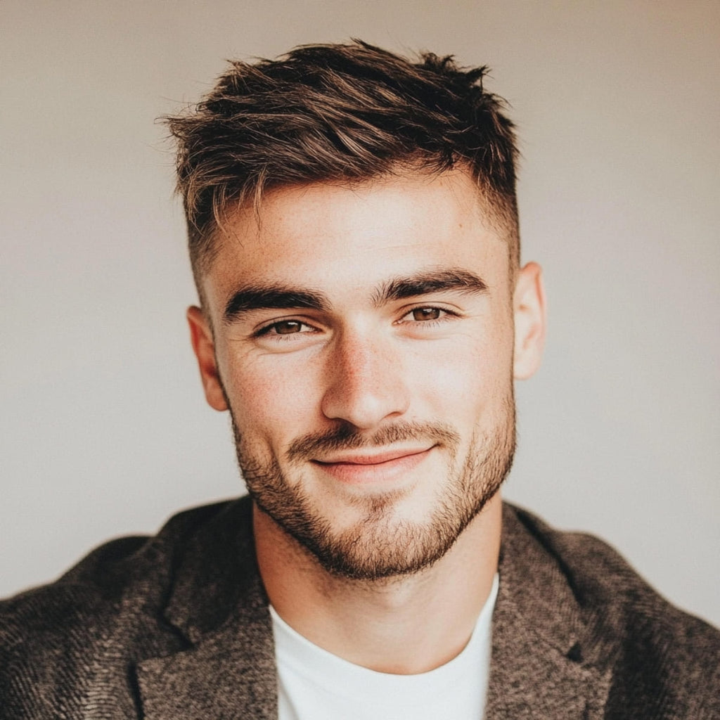 A smiling young man with a short, messy hairstyle featuring a slightly longer top and a clean fade on the sides. He is dressed in a dark blazer over a white shirt, giving off a stylish yet relaxed look.