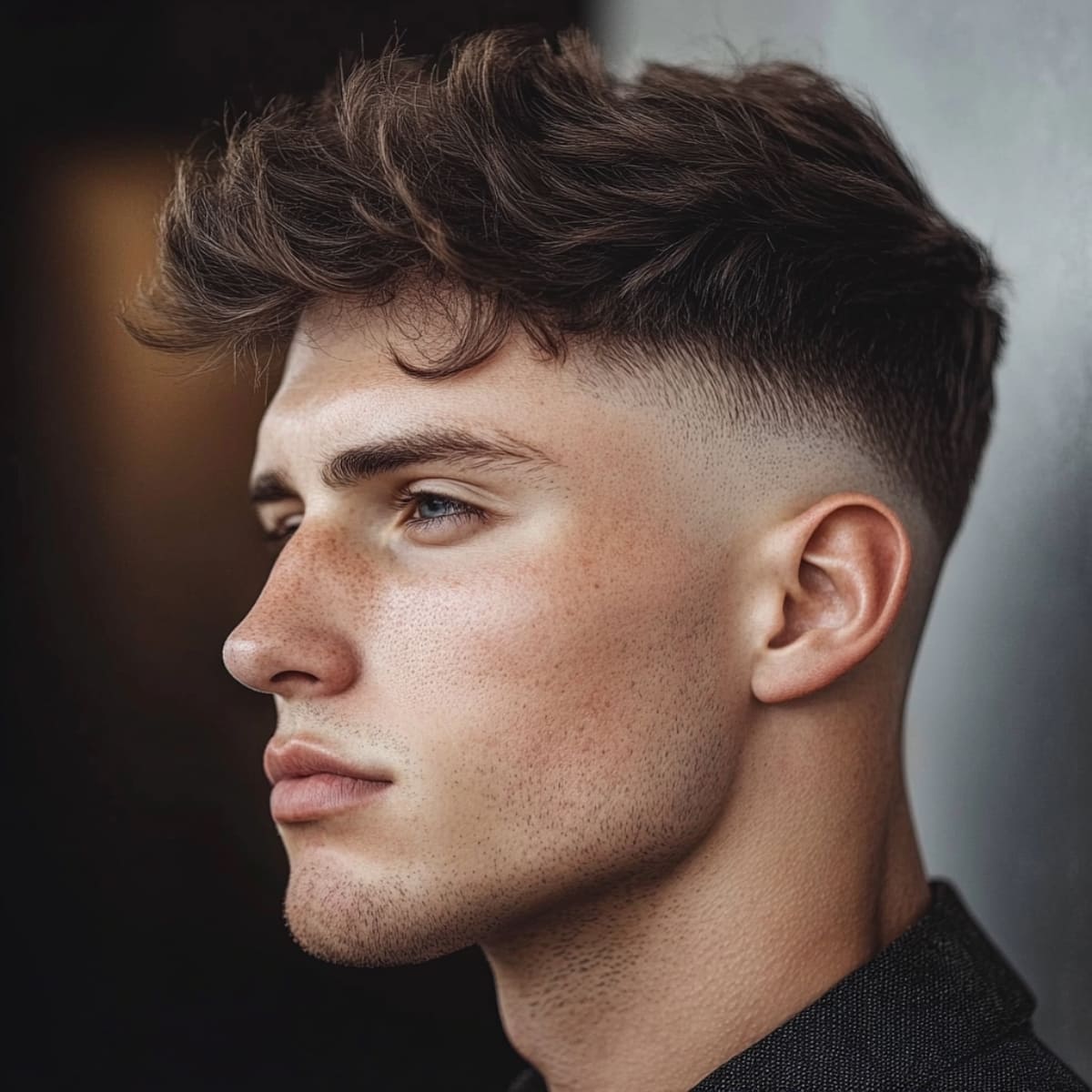 Side profile of a young man with a stylish, textured hairstyle featuring a sharp fade and voluminous, tousled top, highlighting his defined facial features and clean-cut appearance.