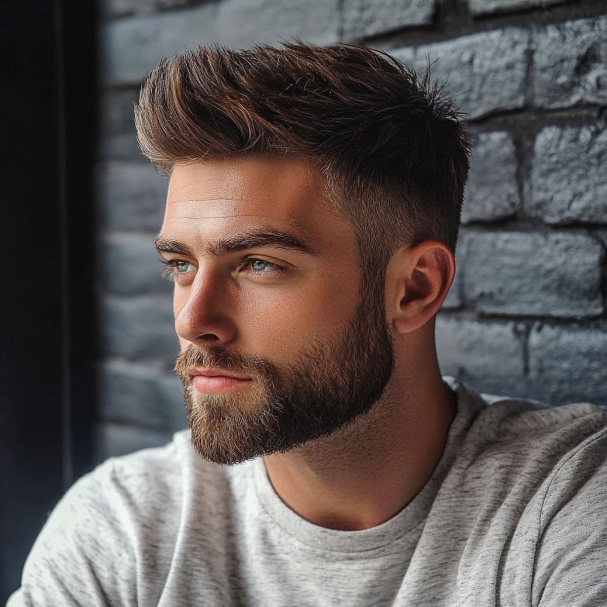 Portrait of a man with a trendy haircut, featuring voluminous, styled hair on top with shorter, neatly trimmed sides. His hair has a natural, slightly tousled look, adding to the modern appeal of the style. The man has a well-groomed beard, complementing his sharp facial features. He is wearing a light gray sweater and is set against a dark brick wall, which contrasts nicely with his hair and highlights the stylish, effortless look of the style.