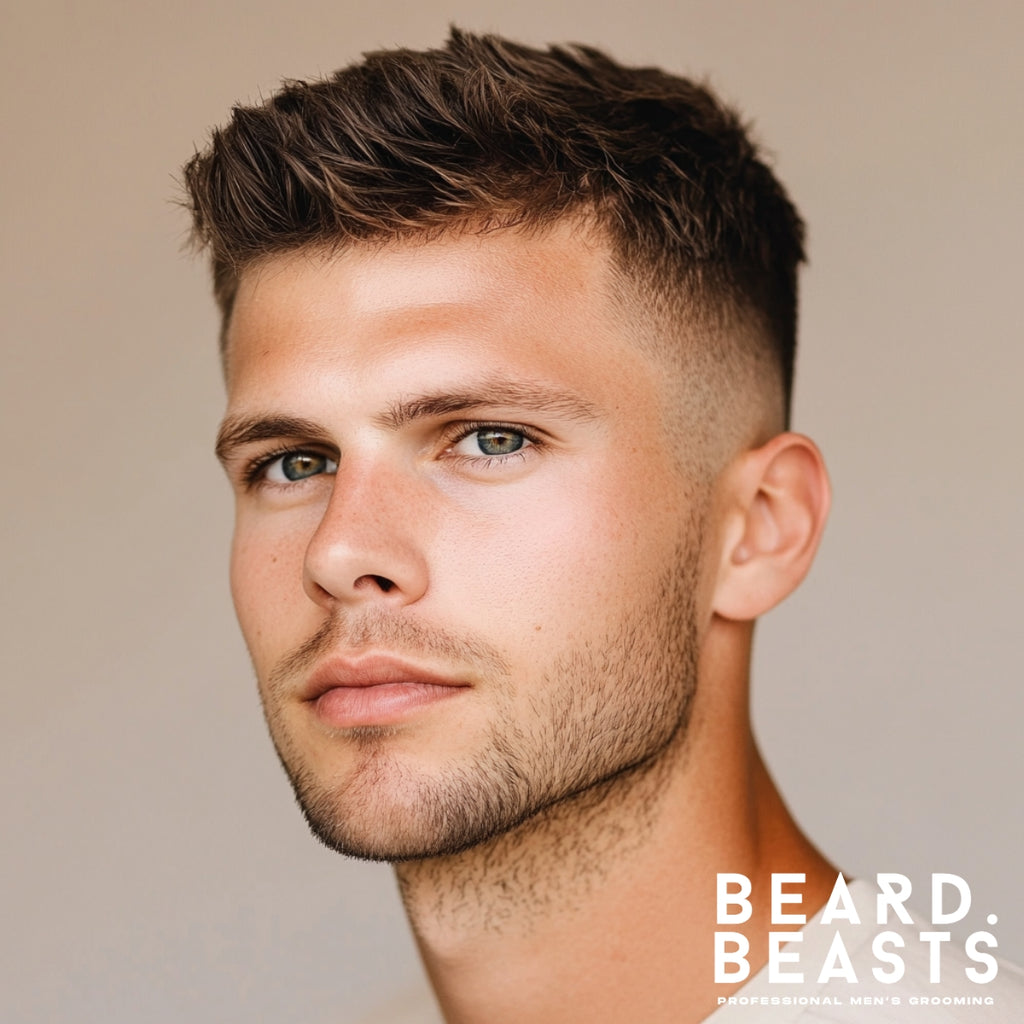 Close-up of a man with a short textured quiff haircut, featuring neatly faded sides and a voluminous, tousled top. The hairstyle highlights his clean and modern look, complemented by well-groomed stubble for a sharp and confident appearance.