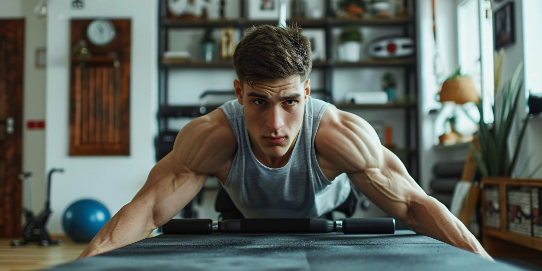 A focused man working out at home, performing a challenging exercise on the floor with intense concentration. This image emphasizes the dedication to fitness and strength training as part of a morning routine for men, showing how an at-home workout can be just as effective in building energy and discipline.