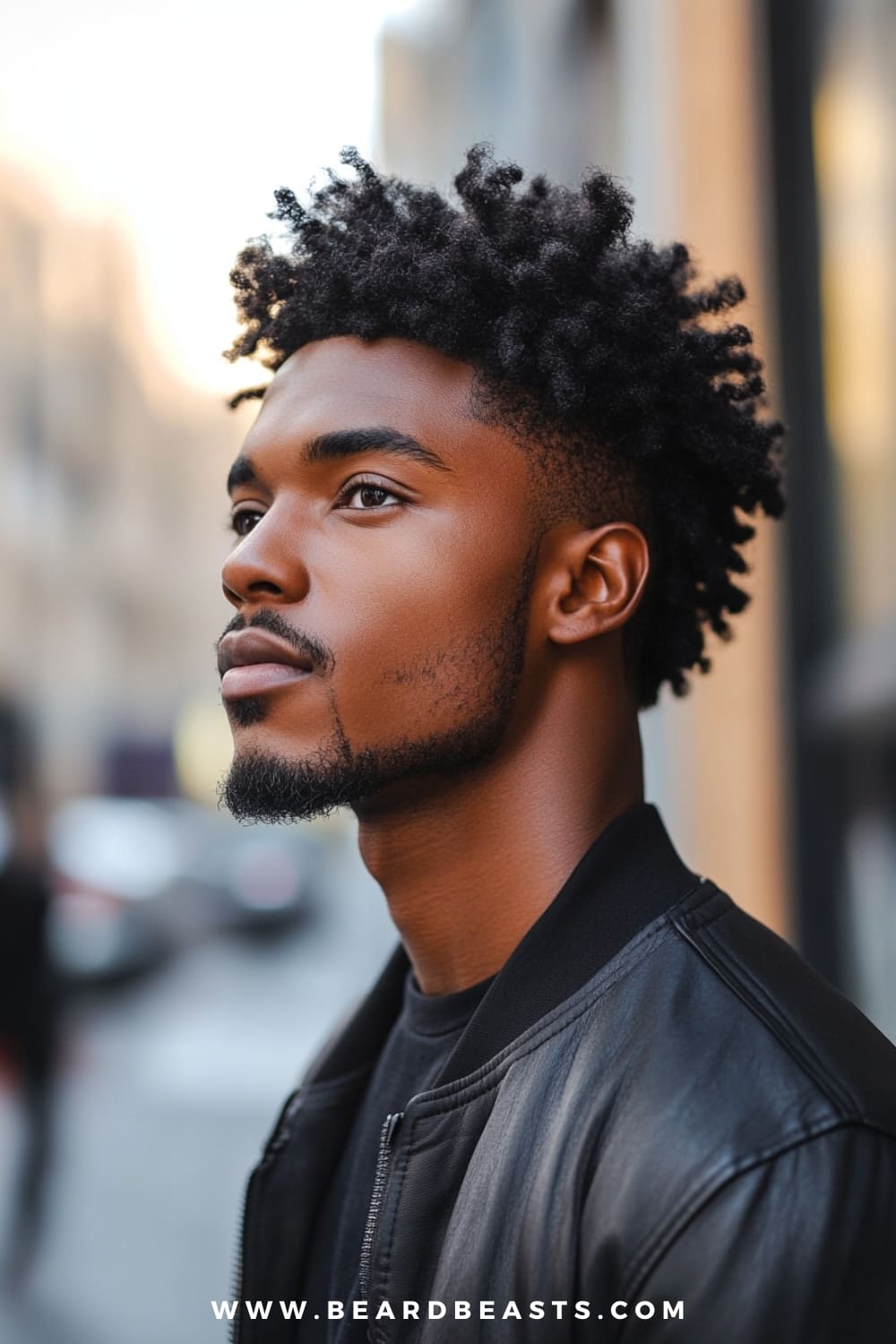 A young man is confidently rocking a medium-length twist-out hairstyle, showcasing his natural texture with a fresh and modern flair. His hair features well-defined twists that add both volume and structure, creating a dynamic and eye-catching silhouette. The twist-out is complemented by a neat taper on the sides, which accentuates the fullness on top while keeping the overall look sharp and clean. His facial hair is carefully groomed, enhancing his strong jawline and adding to the polished appearance.