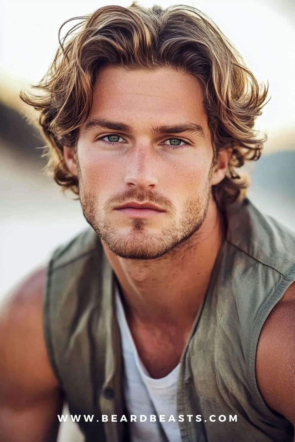 A man with medium-length surfer curtains and a light beard, showcasing one of the best Medium-Length Surfer Hairstyles. The retro-inspired, parted bangs create a relaxed, beachy look, perfect for capturing a laid-back surfer vibe.