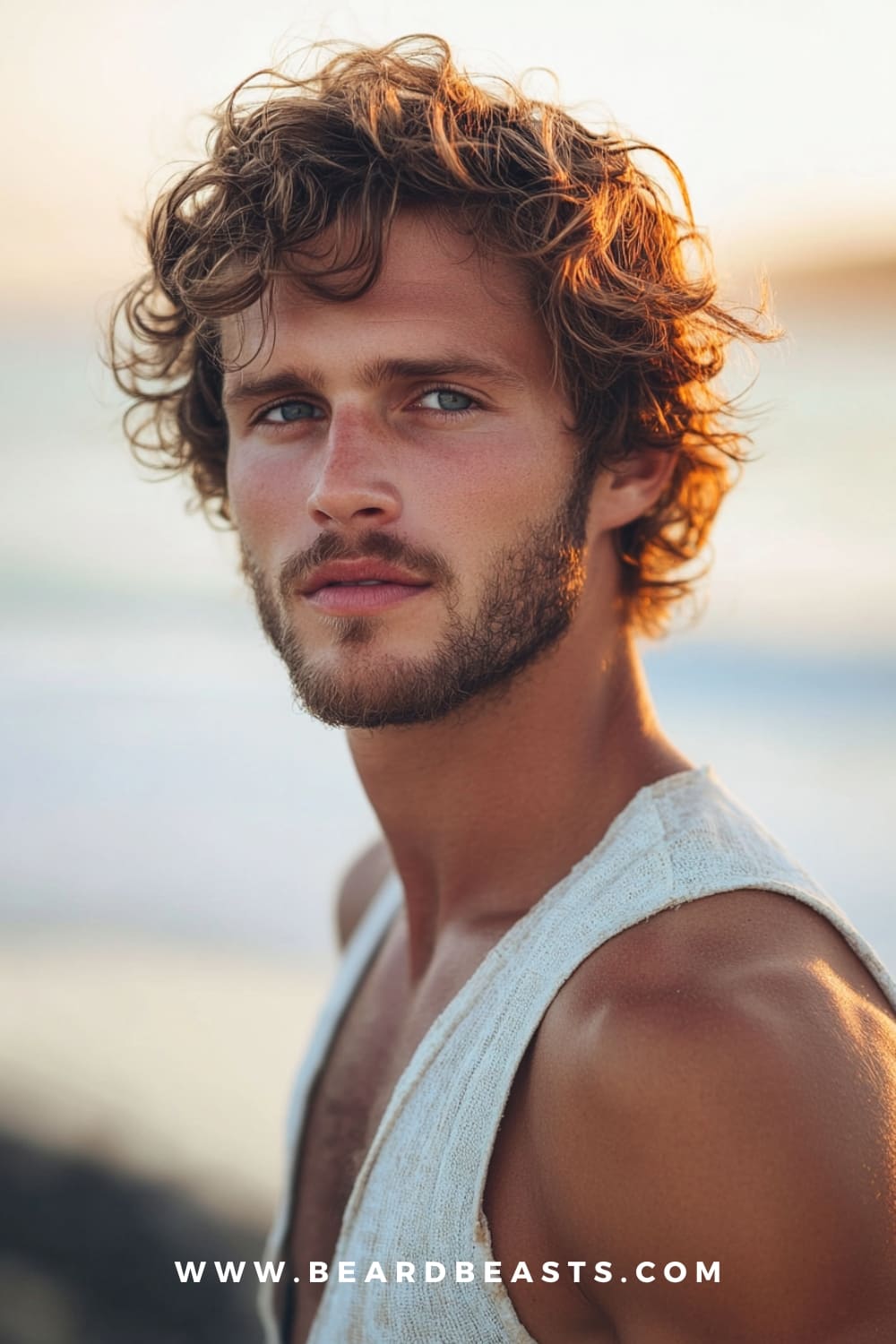 A man with medium-length messy curls and a light beard, showcasing one of the best Medium-Length Surfer Hairstyles. The carefree, voluminous curls embody the relaxed and effortless surfer style, perfect for a laid-back beach look.