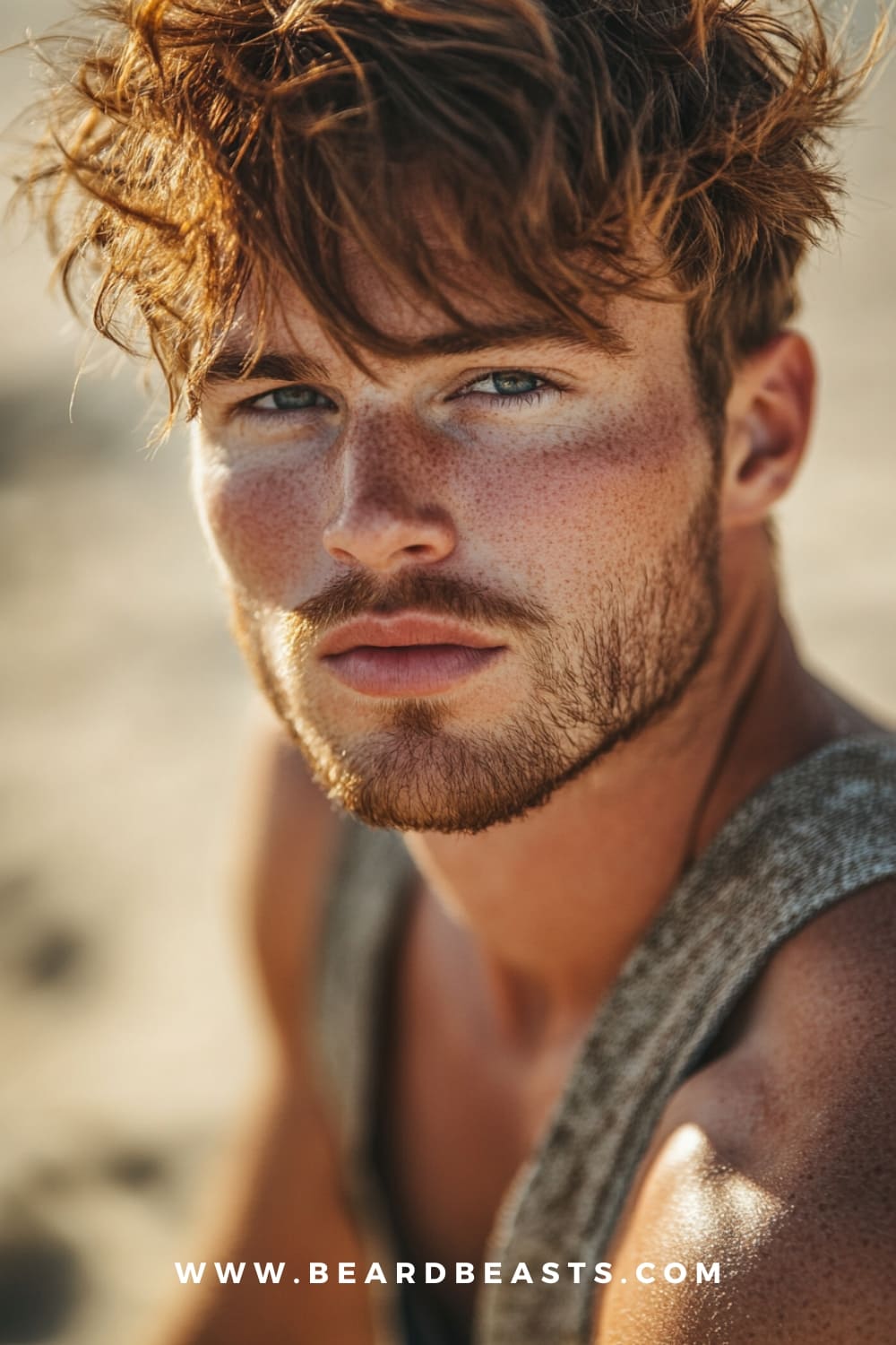 A man with medium-length messy fringe and a light beard. The tousled bangs add texture and create a relaxed, effortless look perfect for beach vibes.