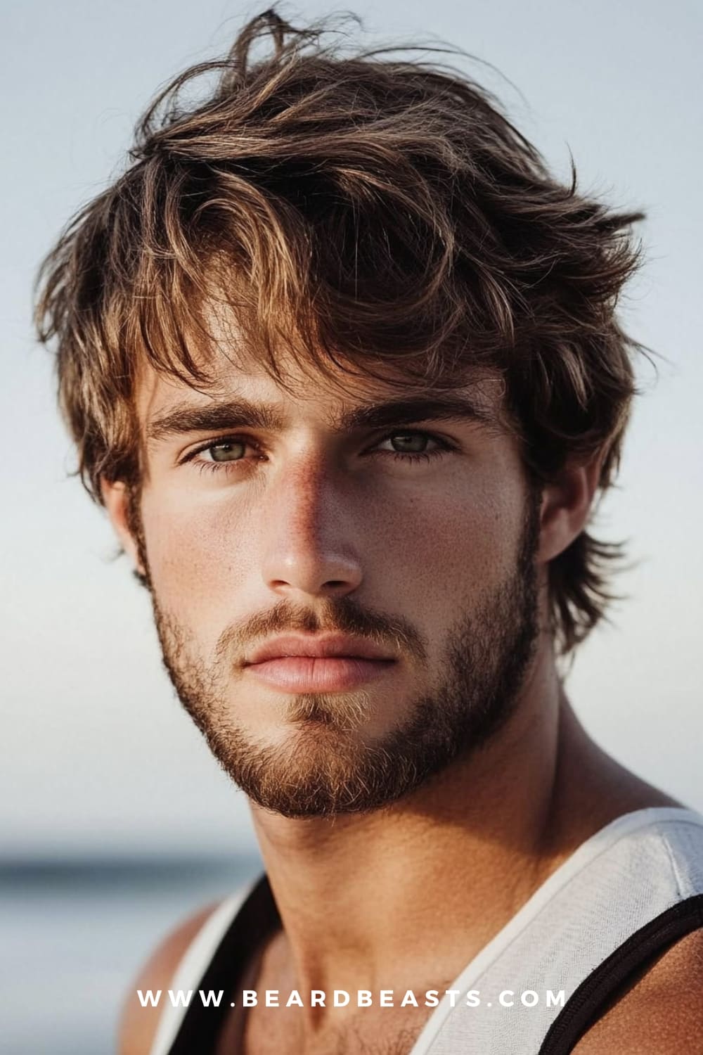 A man with a medium-length shag haircut and a light beard, showcasing one of the best Medium-Length Surfer Hairstyles. The choppy layers and textured finish create a relaxed, effortlessly cool surfer look, perfect for a carefree beach style.