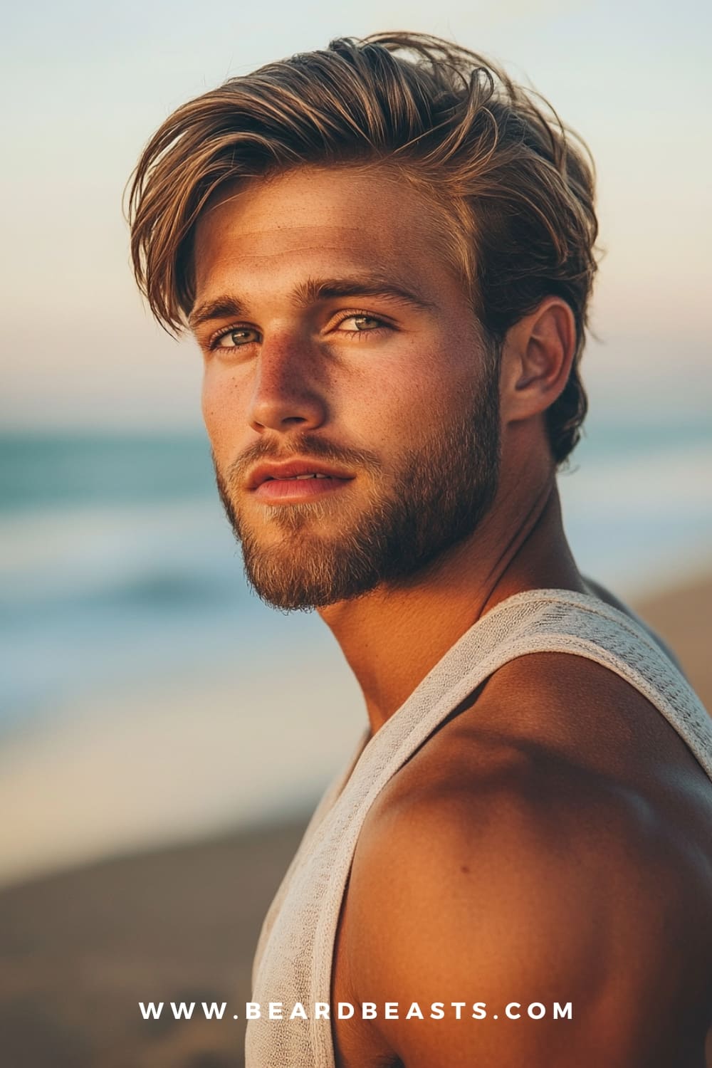 A man with medium-length straight hair and a light beard. The sleek, smooth style captures a relaxed yet polished look, perfect for a beach-ready appearance.