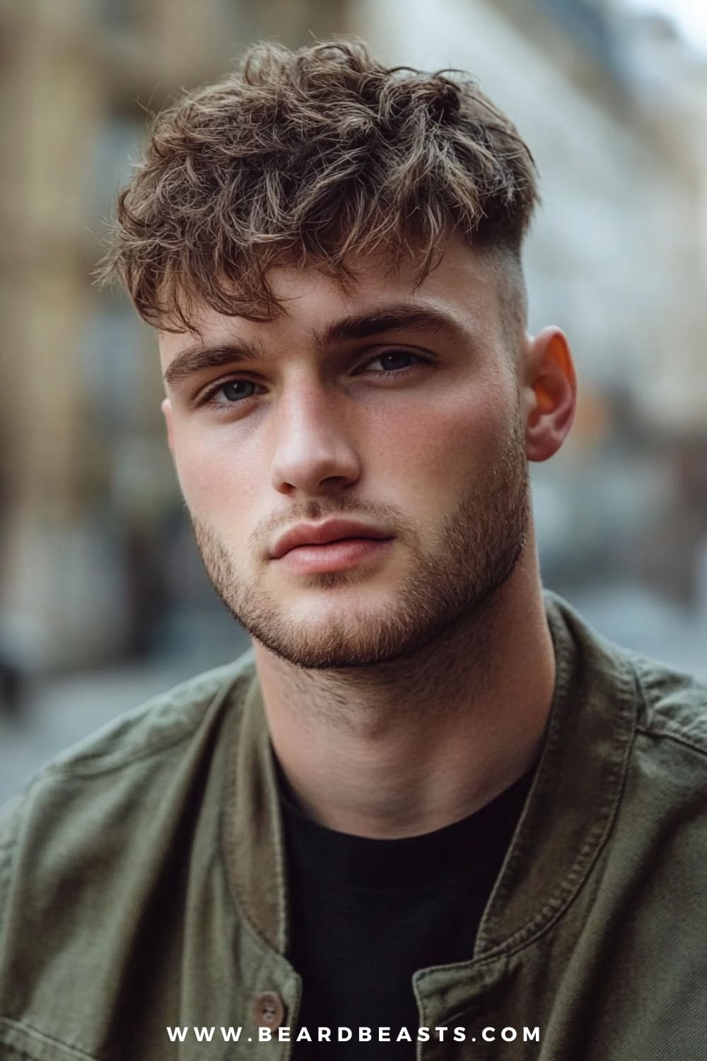 A young man with a striking and modern look is showcasing a Medium-Length Textured Crop, a trendy option among medium length hairstyles for men. His hair is styled with plenty of texture, featuring soft, tousled waves that add volume and movement to the top, while the sides are tapered short for a clean and contemporary contrast. The front section falls slightly forward, giving a casual, effortless vibe that’s perfect for those who want a hairstyle that’s both stylish and easy to maintain. His beard is neatly trimmed, complementing the rugged texture of his hair and adding to his sharp, masculine features.