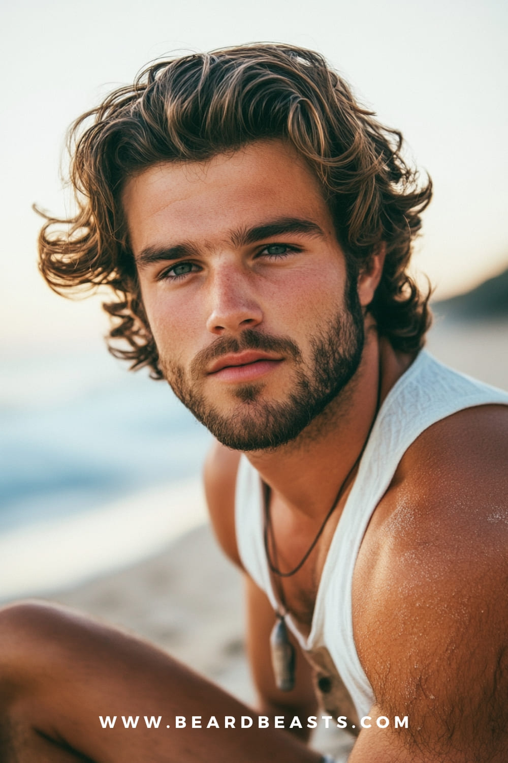 A man with medium-length wavy hair and a light beard, showcasing one of the best Medium-Length Surfer Hairstyles. The flowing waves create a relaxed, beach-ready look, perfect for capturing the effortless surfer vibe.