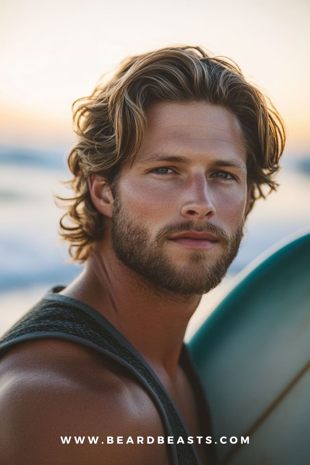 A man with a bro flow haircut, featuring medium-length wavy hair that flows naturally with a casual, laid-back style. Paired with a beard and set against a beach background, this look highlights one of the trendy haircuts for men, perfect for an effortlessly cool vibe.