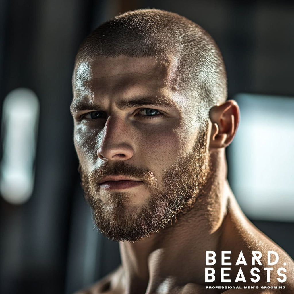 Close-up of a muscular man with a buzz cut and a neatly groomed beard, highlighting one of the best haircuts for bodybuilders. The style emphasizes his sharp jawline and athletic build, showcasing a rugged yet clean look perfect for active men.