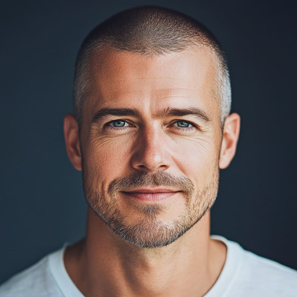 Man over 40 with a stylish buzz cut, exemplifying low-maintenance haircuts for men over 40. His confident expression and clean-cut look highlight the simplicity and sophistication of this haircut for mature men.