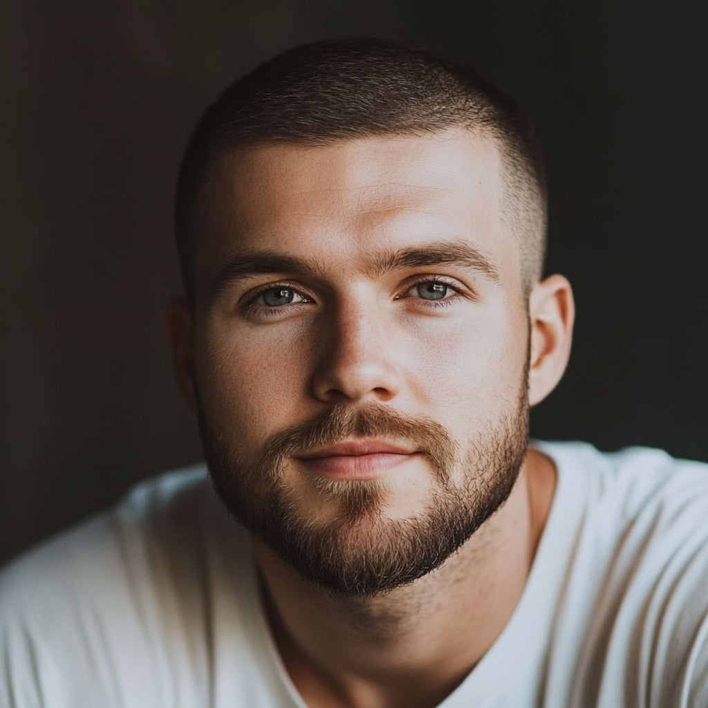 A close-up portrait of a man with a classic buzz cut, ideal for guys with small head shapes. The haircut features a uniformly short length on top with slightly faded sides, creating a clean, low-maintenance look that emphasizes facial features. The subtle fade on the sides adds a touch of modern style to this timeless cut, making it a great choice for those seeking a simple yet stylish appearance. This buzz cut is especially flattering for men looking to complement a smaller head shape with a balanced and minimalist style.