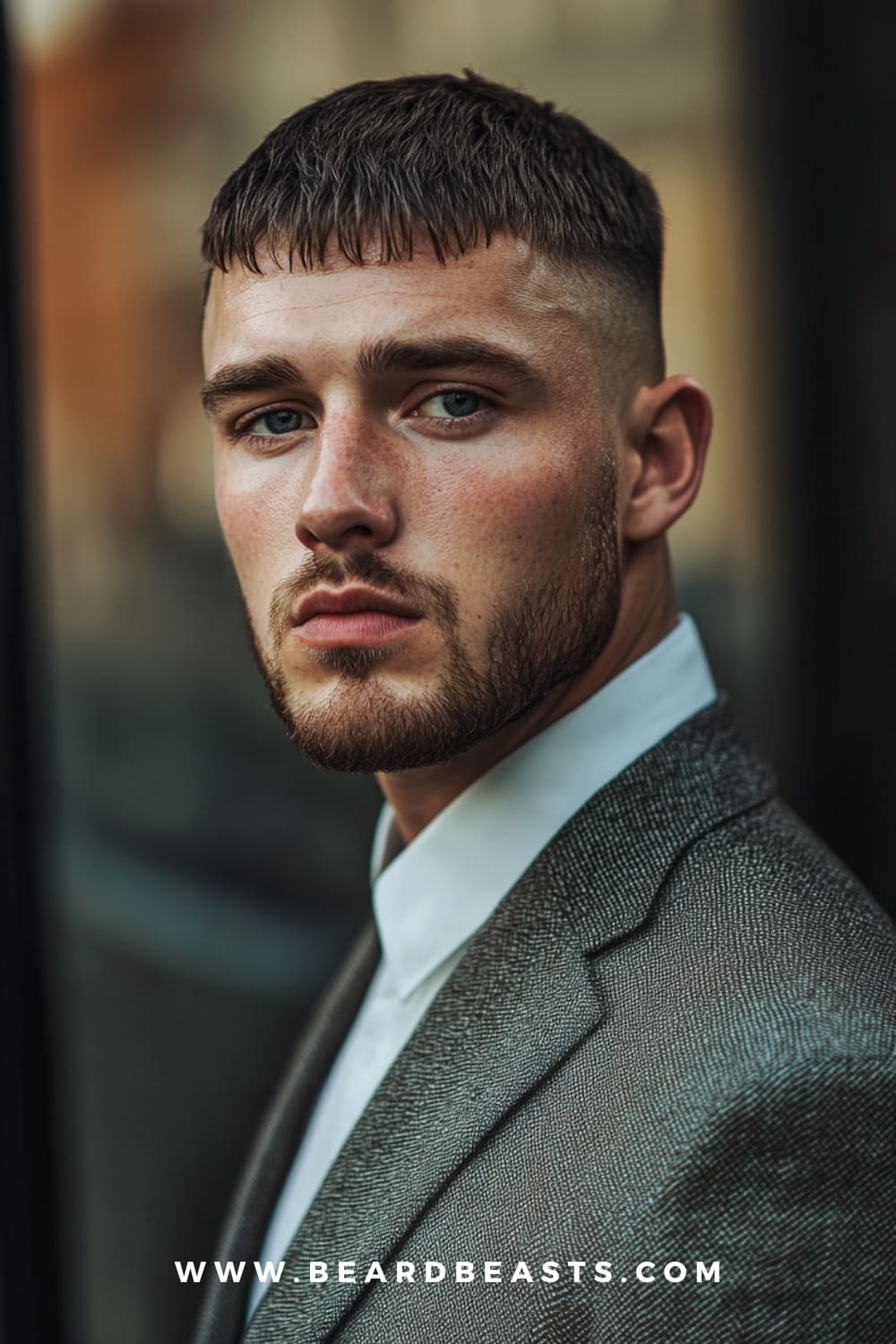 A man wearing a stylish Caesar cut haircut, featuring short, even hair with a blunt fringe and a subtle fade on the sides. This clean and structured look, paired with a beard and formal attire, highlights one of the classic yet stylish haircuts for men.