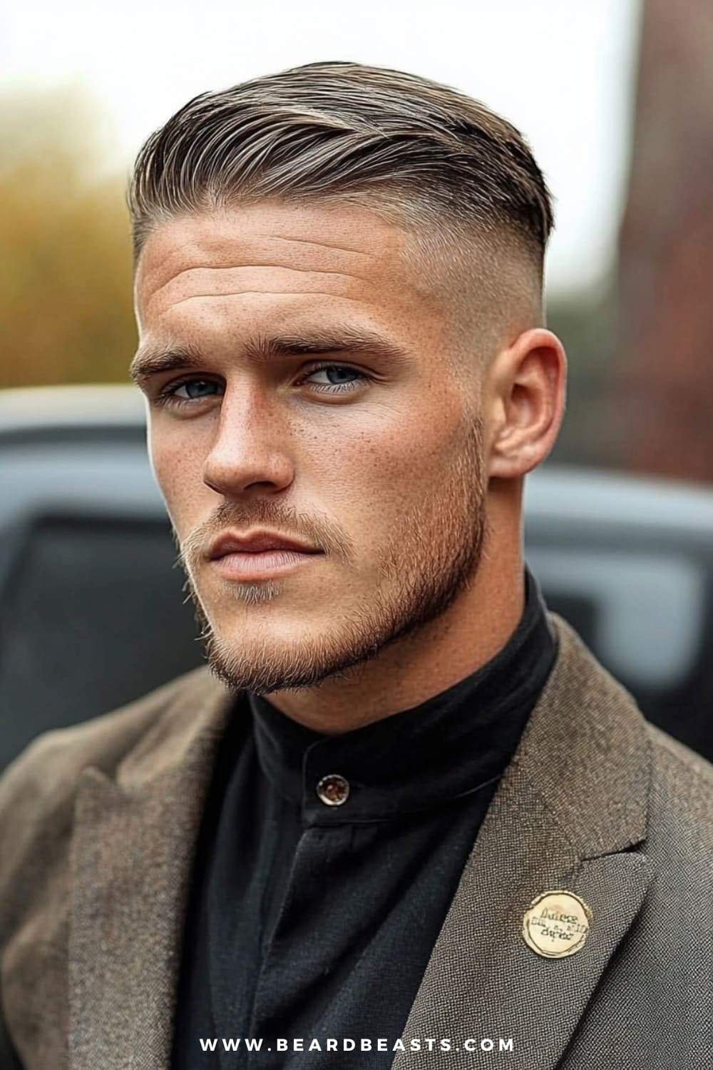 Man showcasing a sharp comb over fade hairstyle, featuring neatly styled hair combed to the side with a smooth fade on the sides and back. The clean lines and precise fade give this formal look a modern edge. Paired with a well-fitted suit and minimal facial hair, this comb over fade is a perfect option for men who want to combine sophistication with a contemporary twist, ideal for any formal setting.