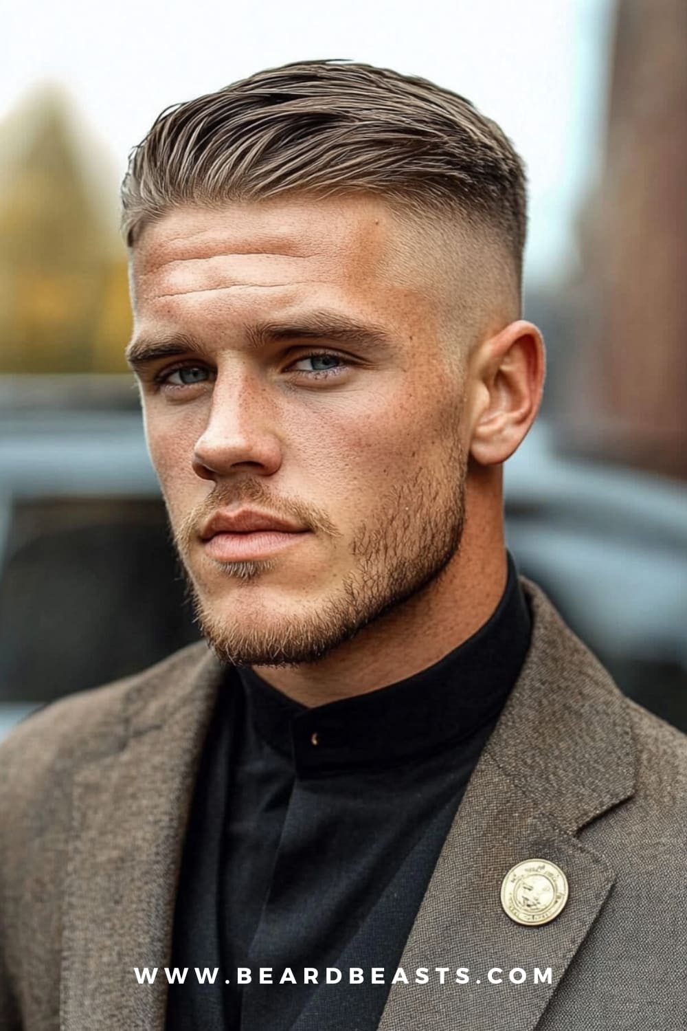 A man sporting a comb over fade haircut, with neatly styled hair swept to the side and a clean fade on the sides. This look, paired with light stubble and formal attire, showcases one of the trendy haircuts for men, combining sophistication and modern style.