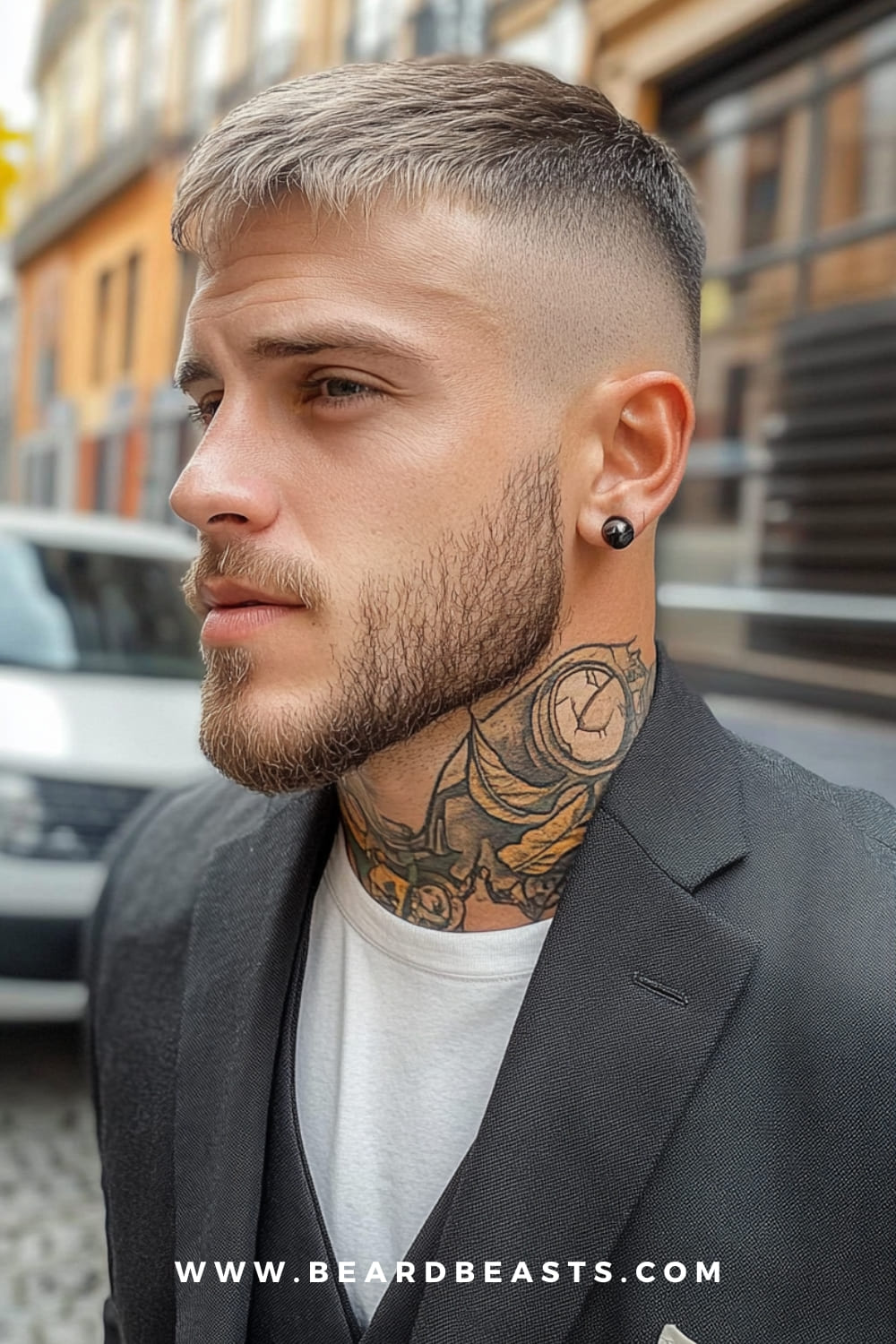 A man sporting a crew cut, one of the best gentlemen hairstyles for men in 2024. The short, clean haircut is paired with a neatly groomed beard and bold neck tattoo, creating a modern, edgy look.