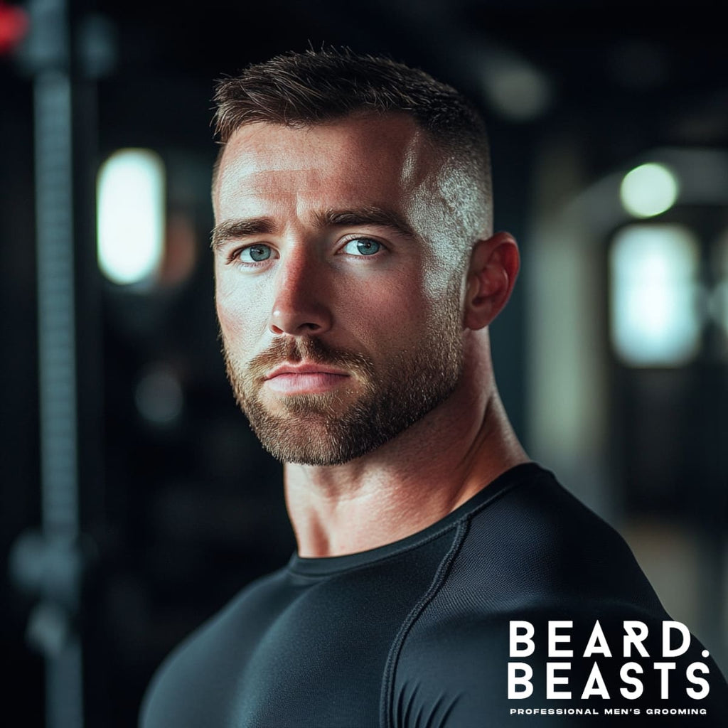 Portrait of a fit man with a crew cut, showcasing a clean and classic haircut for bodybuilders. The short sides and slightly longer textured top emphasize his athletic features, sharp jawline, and muscular build, creating a polished yet masculine look.