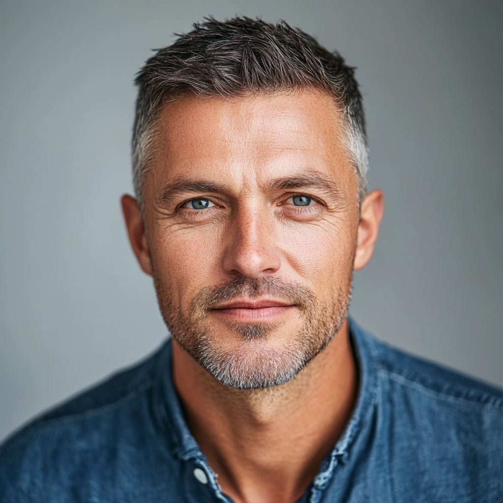 Man over 40 with a classic crew cut, showcasing a timeless and easy-to-maintain choice in haircuts for men over 40. His short, textured style and relaxed expression highlight the practicality and sophistication of this look, ideal for mature men seeking a clean, no-fuss haircut.