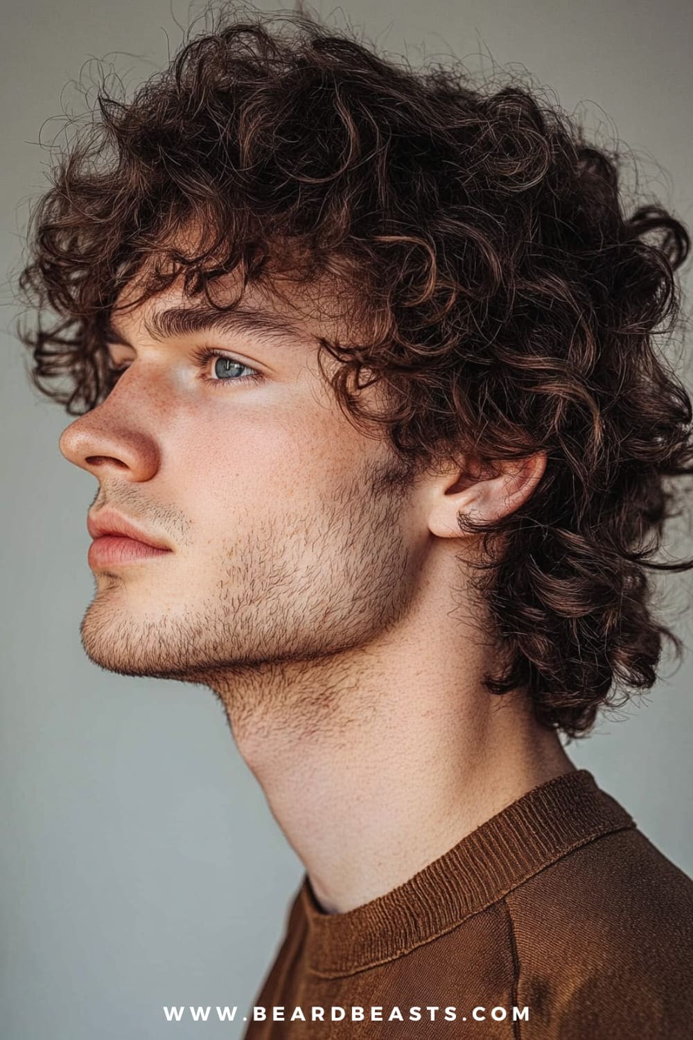 The image features a side profile of a young man with a full head of natural, curly hair. His curls are thick and voluminous, cascading down in loose, bouncy waves that frame his face. The texture of his hair is emphasized by the soft lighting, highlighting the depth and movement within each curl. His facial hair is light and neatly trimmed, adding a subtle contrast to the untamed nature of his curly hair. The background is neutral and blurred, ensuring that the focus remains entirely on his striking curls and profile. The overall look