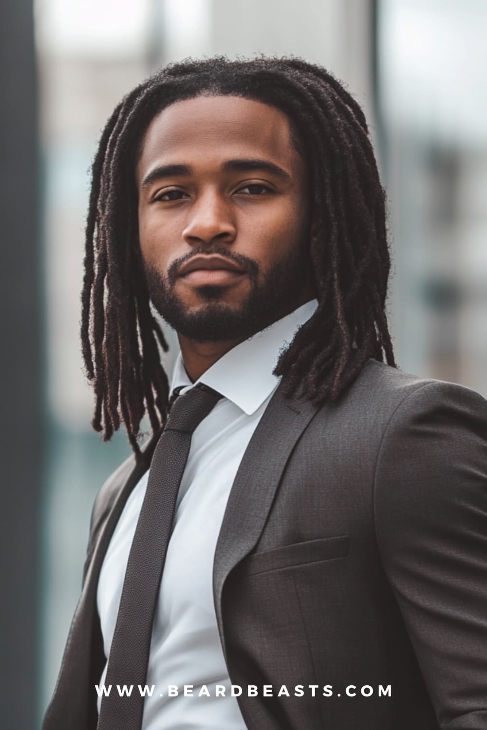 Man with well-maintained dreadlocks and a neatly groomed beard, dressed in formal attire. Dreadlocks are a stylish and practical option among for men, offering a long-lasting look that requires minimal daily upkeep.