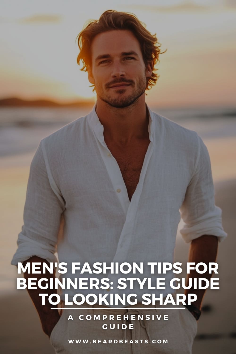 This image shows a stylish man standing on the beach during sunset, wearing a light, open-collared linen shirt. The text on the image reads: "Men's Fashion Tips for Beginners: Style Guide to Looking Sharp" with a subtitle: "A Comprehensive Guide" followed by the website URL www.beardbeasts.com. The overall aesthetic is relaxed and sophisticated, highlighting fashion tips for men.