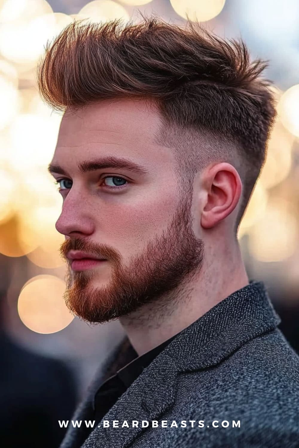 Edgy faux hawk hairstyle for men with square faces, featuring spiked volume on top and faded sides, perfect for adding height and drawing attention to strong facial features for a bold, modern look.