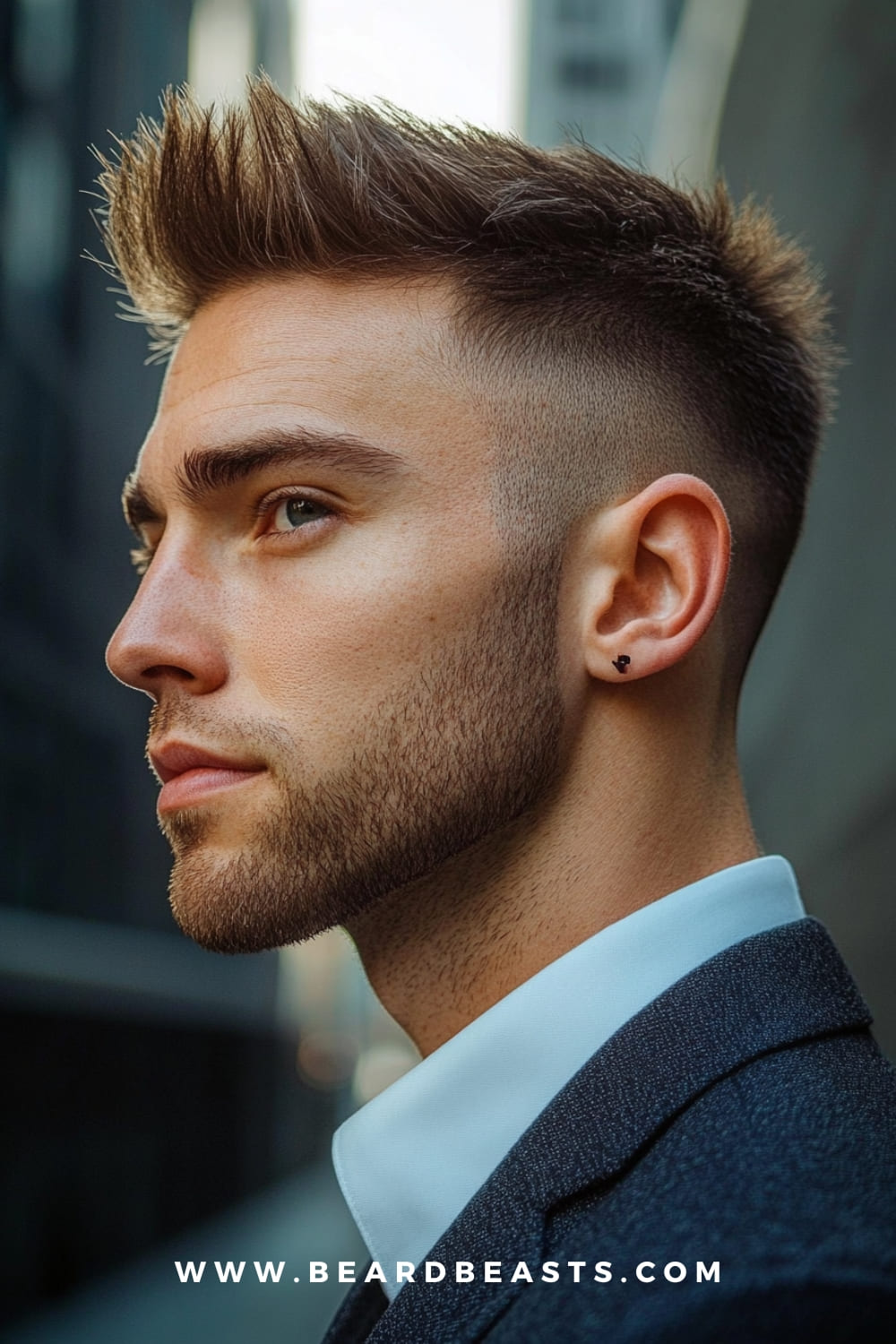 A man sporting a trendy faux hawk haircut with spiked, textured hair on top and a faded cut on the sides. Paired with light facial stubble and formal attire, this modern hairstyle offers a bold yet wearable look for men.