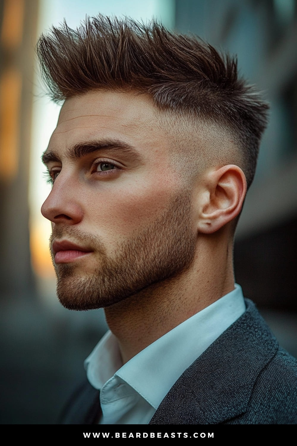 A young man showcasing a sharp and modern faux hawk haircut. His hair is styled upward with precise volume at the top, forming the signature faux hawk silhouette while maintaining a clean, sleek look. The sides are faded closely to the scalp, creating a strong contrast with the textured, spiked layers on top. Dressed in a tailored suit and white shirt, his look blends edgy style with sophistication, making this faux hawk perfect for both casual and formal settings. The soft lighting highlights the texture in his hair, complementing his well-groomed beard and sharp facial features.