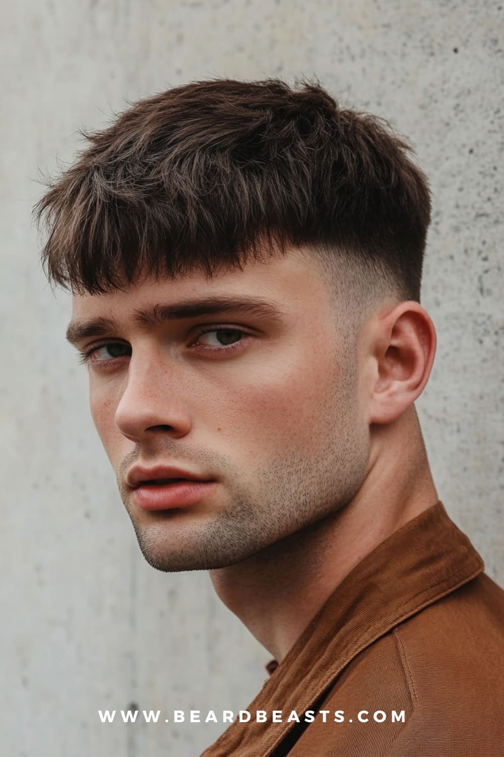 A man wearing a modern French crop, one of the most popular gentlemen hairstyles for men in 2024. The textured fringe and faded sides create a stylish, edgy look perfect for a clean and effortless appearance.