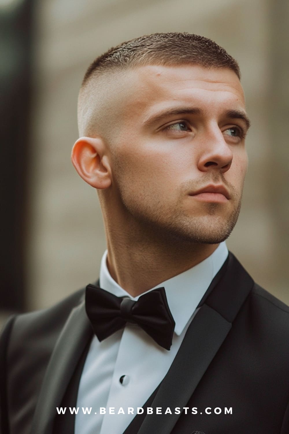 A man showcasing a high and tight haircut, featuring closely cropped sides and a short top. Dressed in a sharp tuxedo, this classic military-inspired style exemplifies stylish haircuts for men, offering a clean and polished appearance.