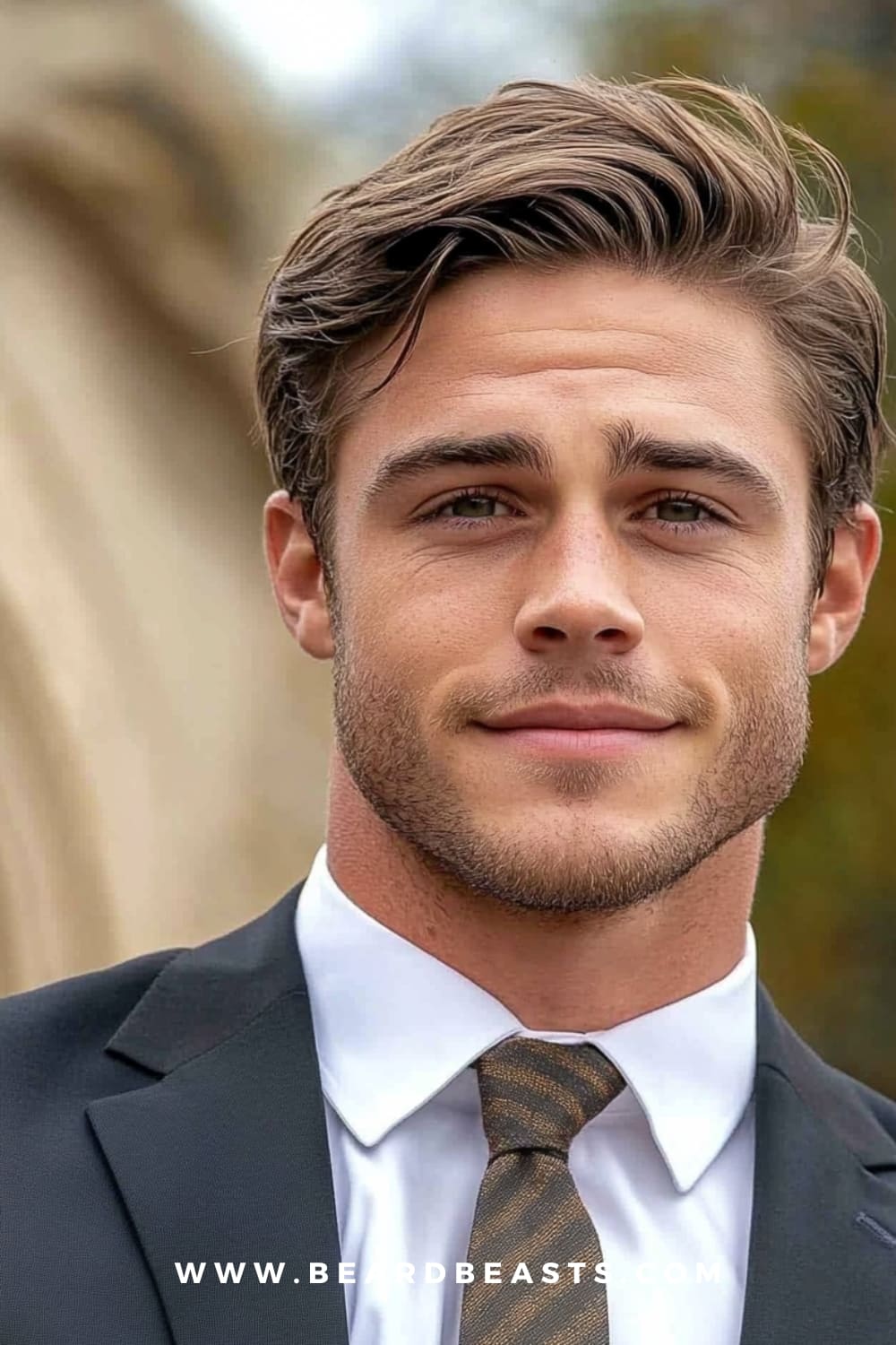 A man showcasing one of the top gentlemen hairstyles for men in 2024, featuring a clean, well-groomed style with a subtle wave. Paired with light facial hair and a sharp suit, this look combines professionalism and modern charm.