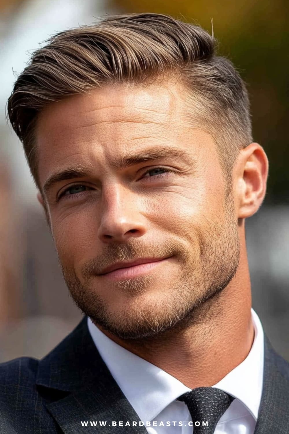 Man with an Ivy League haircut, featuring neatly tapered sides and a longer, textured top, styled with a subtle side part for a classic yet modern look. The well-groomed beard complements the hairstyle, adding to the polished and professional vibe. Paired with a tailored suit, white shirt, and patterned tie, this Ivy League cut is the epitome of refinement, making it an ideal choice for formal occasions that demand both style and sophistication.