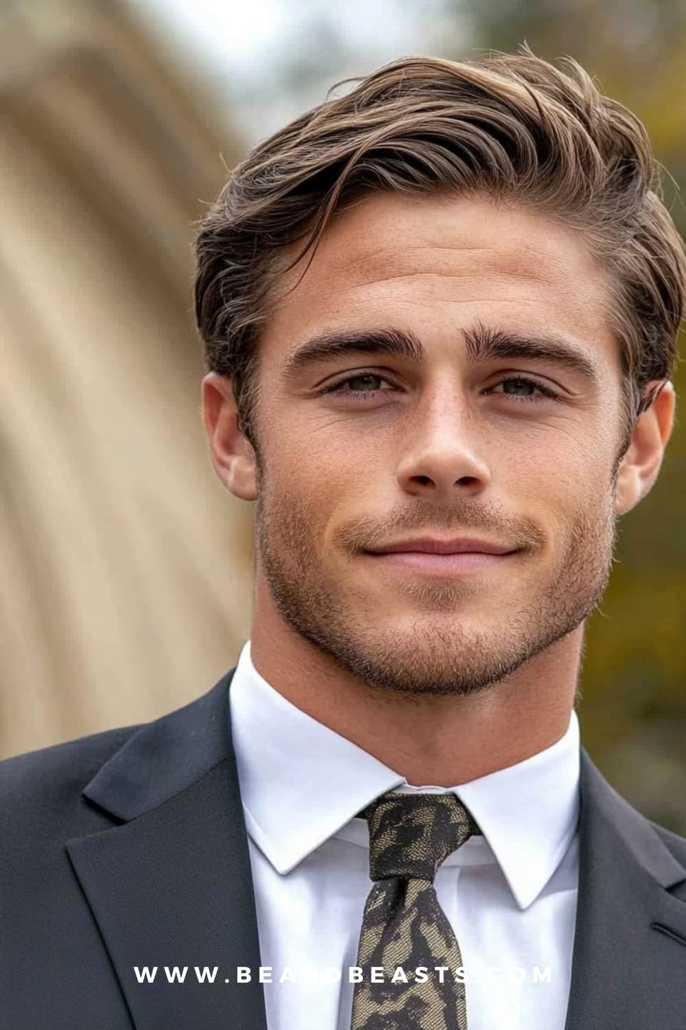 A man with an Ivy League haircut, featuring neatly combed hair with a subtle side part and a natural, textured finish. Paired with light facial stubble and a formal suit, this stylish men's haircut exudes a polished and professional appearance.