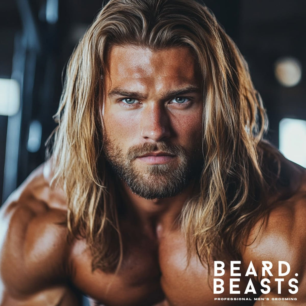 Close-up of a muscular man with long, layered hair, a popular choice among haircuts for bodybuilders. The flowing hairstyle frames his face, highlighting his strong jawline and piercing gaze. Paired with a full, neatly groomed beard, this look blends rugged masculinity with a modern, stylish edge. Perfect for bodybuilders who prefer a bold, dramatic aesthetic.