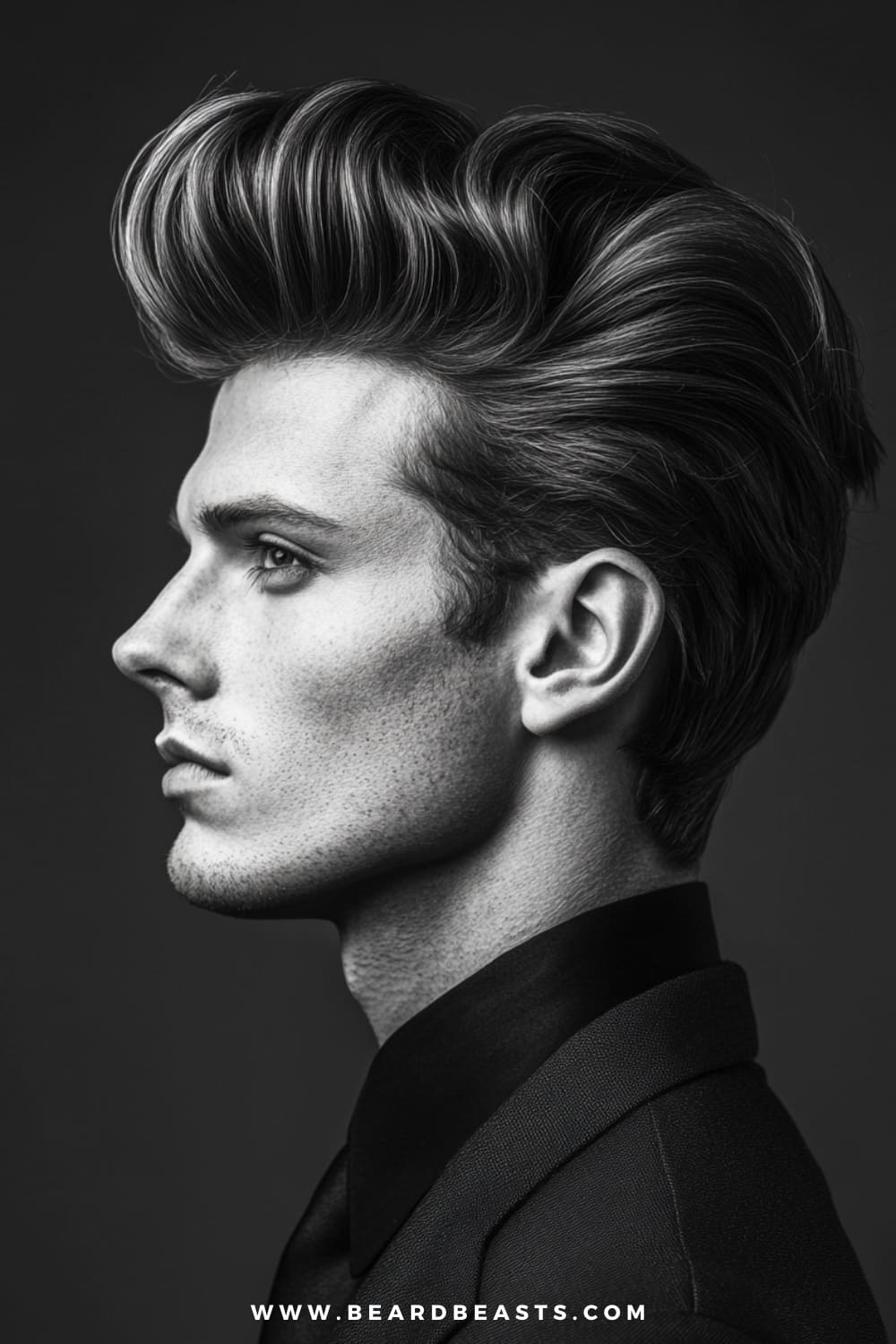 Side profile of a man with a voluminous, perfectly styled quiff, showcasing a sharp and defined look. The dramatic height and smooth finish make this an outstanding example of men's hairstyles for long hair, blending vintage charm with a modern, bold aesthetic.