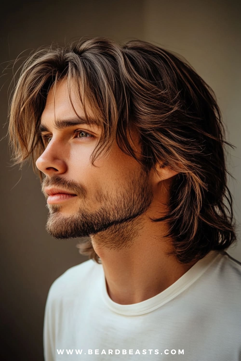 The image features a close-up side profile of a young man with a long shaggy hairstyle. His hair is shoulder-length, with soft, flowing layers that add volume and movement, creating a relaxed, effortlessly cool look. The front strands of his hair naturally fall around his face, framing his features and adding a touch of casual elegance. His facial hair is a well-maintained beard that complements the longer hairstyle, enhancing the overall rugged yet refined appearance. The lighting highlights the natural shine and texture of his hair, while the neutral background keeps the focus on his striking hairstyle and profile. The overall vibe is one of laid-back sophistication, perfect for those who embrace a more carefree, stylish look.